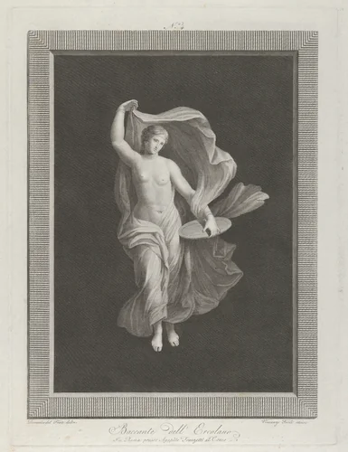 A partly nude bacchante holding a disk in her left hand and raising her garments with right by Vicenzo Feoli, print, 1790-1825