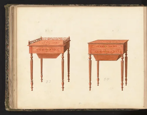 Twee ontwerpen voor toilettafels met lades by anonymous, drawing, 1825-1839