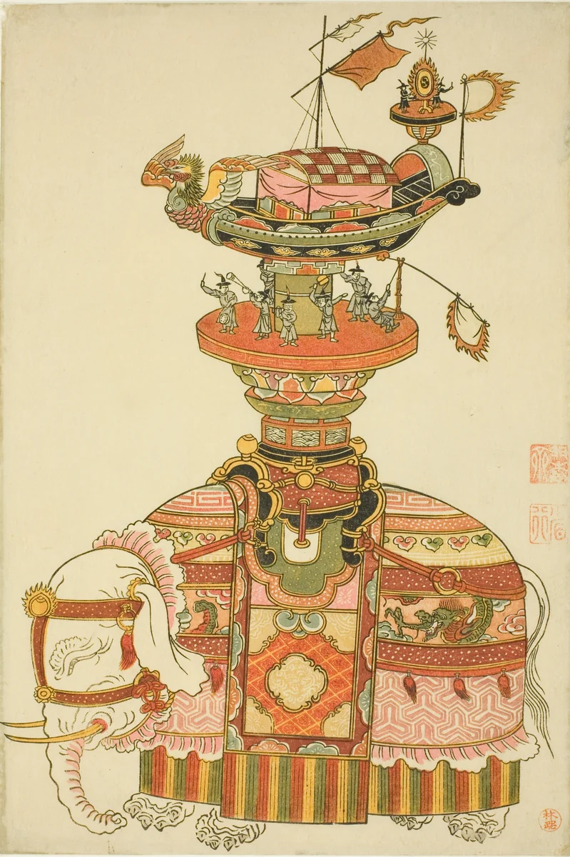 Mechanical Elephant with Festival Barge and Korean Musicians by Komatsuya Hyakki, print, 1760-1770