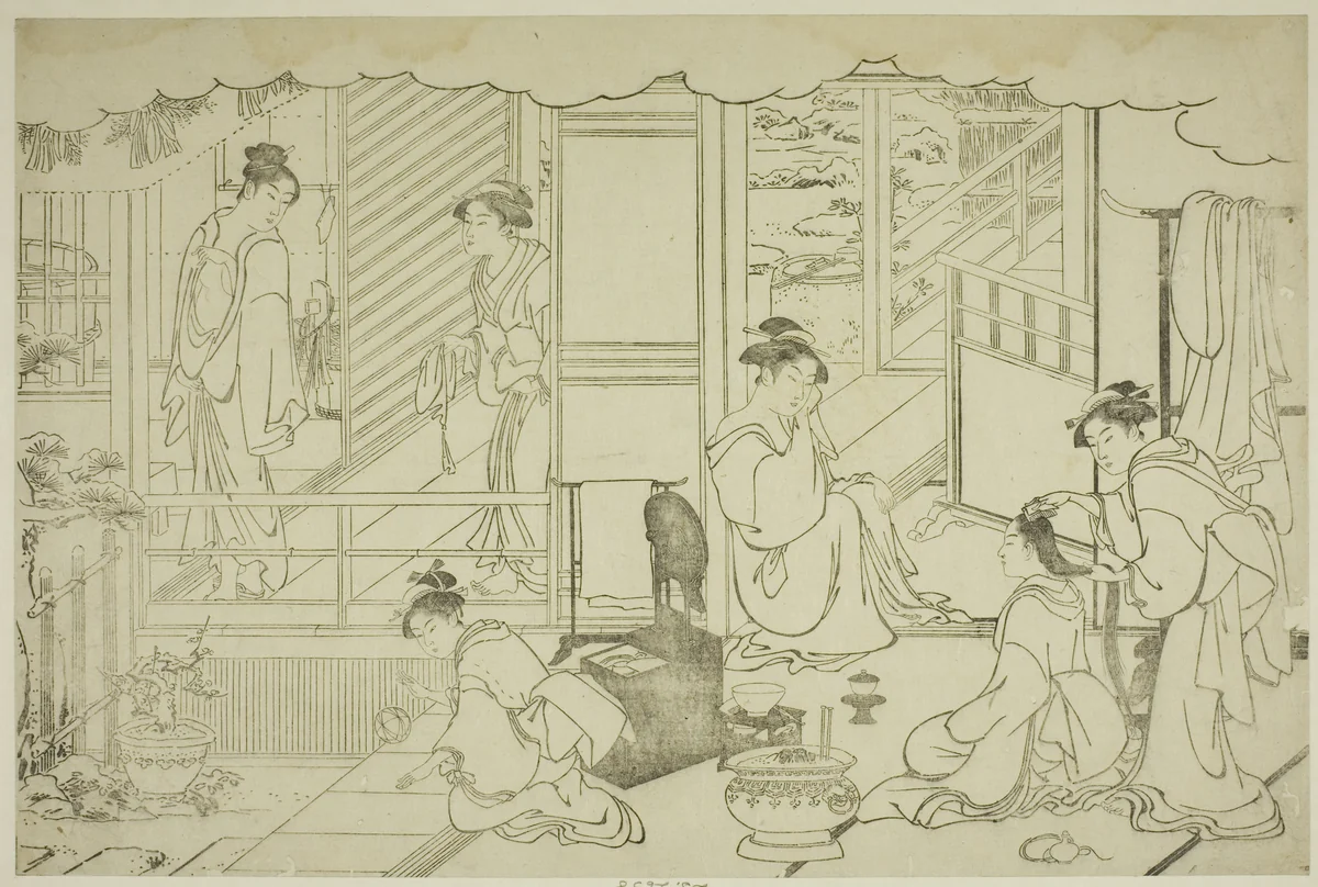 The First Bath of the New Year (Yudono hajime), from the illustrated book "Colors of the Triple Dawn (Saishiki mitsu no asa)" by Torii Kiyonaga (鳥居清長), print, 1782-1792