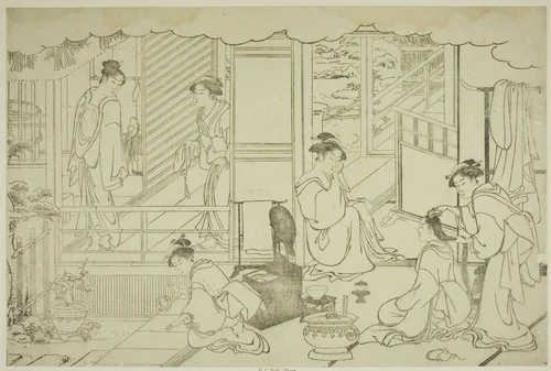 The First Bath of the New Year (Yudono hajime), from the illustrated book "Colors of the Triple Dawn (Saishiki mitsu no asa)" by Torii Kiyonaga (鳥居清長), print, 1782-1792