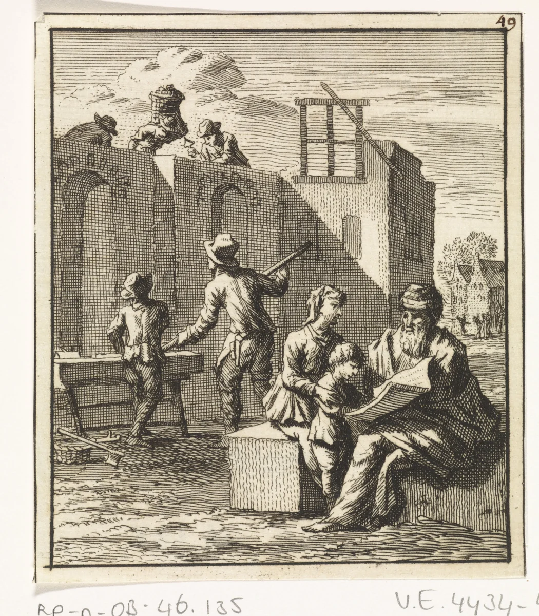 Grootvader toont zijn kleinkind een blad terwijl op de achtergrond een huis wordt gebouwd by Zacharias Chatelain, print, 1712