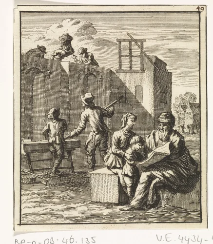 Grootvader toont zijn kleinkind een blad terwijl op de achtergrond een huis wordt gebouwd by Zacharias Chatelain, print, 1712