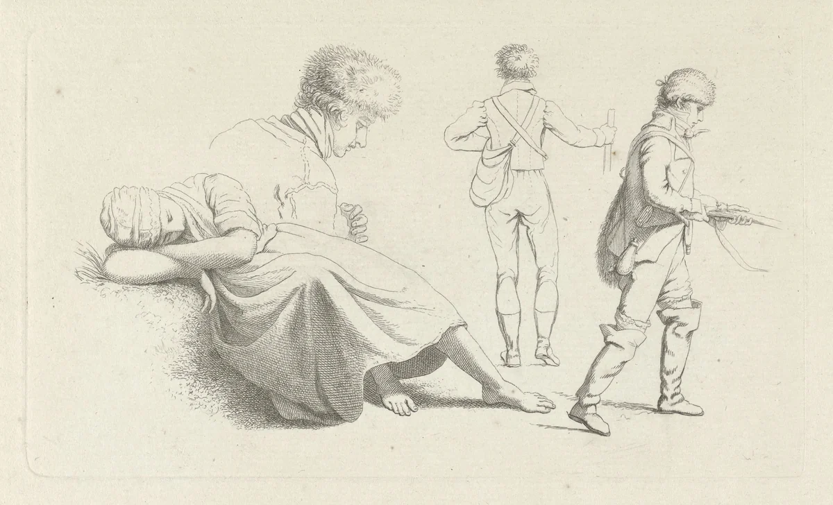 Studieblad met een slapende vrouw en een jager by Jacob Ernst Marcus, print, 1808