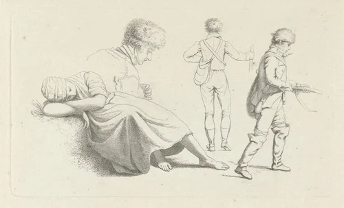 Studieblad met een slapende vrouw en een jager by Jacob Ernst Marcus, print, 1808