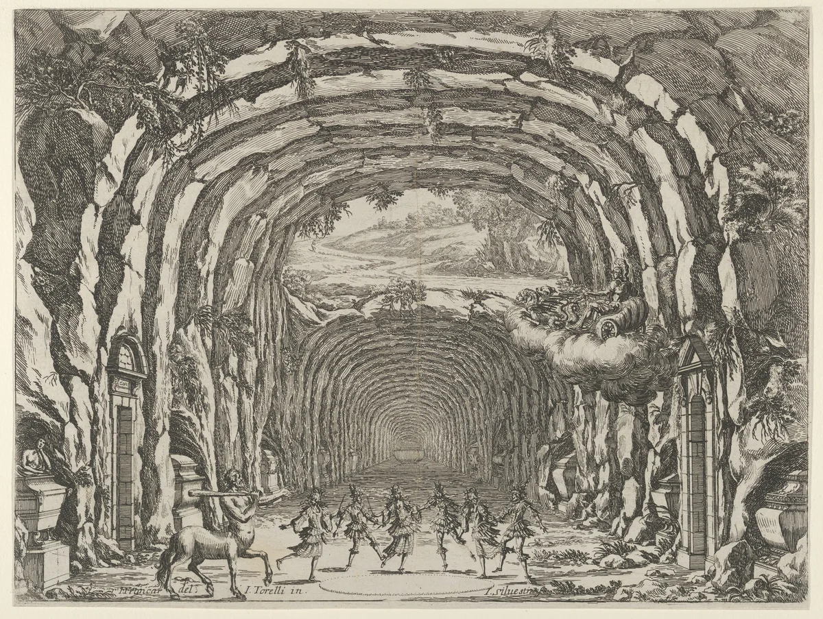 Design for a theater set created by Giacomo Torelli da Fano for the ballet 'Les Noces de Thétis', from 'Décorations et machines aprestées aux nopces de Tétis, Ballet Royal' by Israel Silvestre, print, 1654