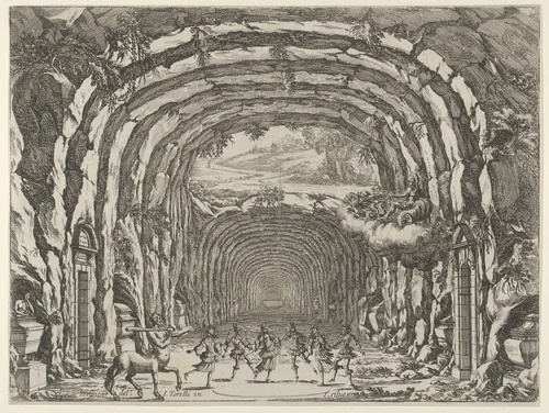 Design for a theater set created by Giacomo Torelli da Fano for the ballet 'Les Noces de Thétis', from 'Décorations et machines aprestées aux nopces de Tétis, Ballet Royal' by Israel Silvestre, print, 1654