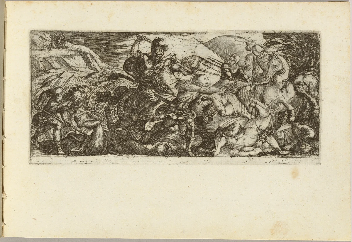 Cavalry Attack with Soldiers Fleeing by Antonio Tempesta, print, 1555-1630