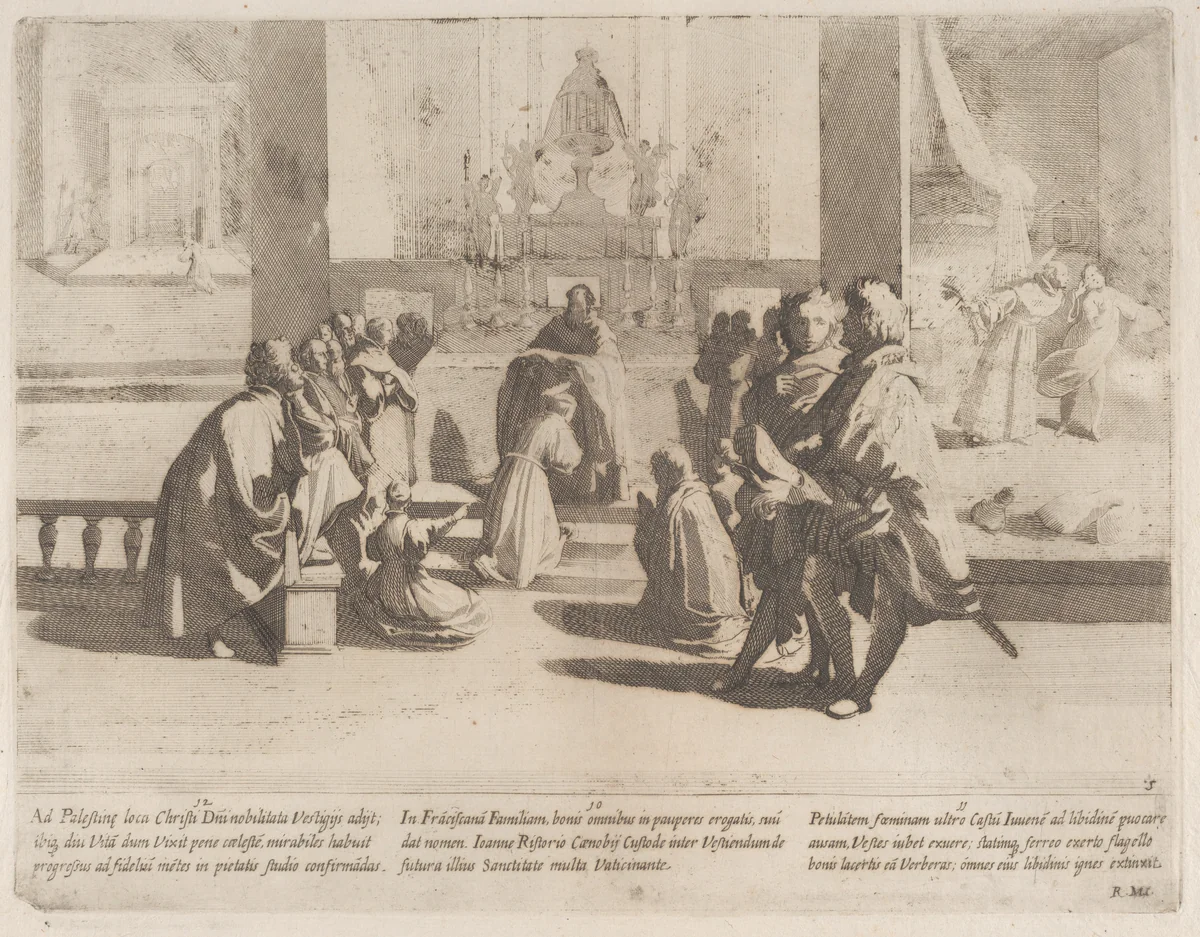 Episode 10: Saint Bernardino enters the Franciscan Order; Episode 11: Saint Bernardino flagellates a libidinous woman; Episode 12: Saint Bernardino travels by foot to Palestine, from "The Life of Saint Bernardino of Siena" by Bernardino Capitelli, print, 1610-1639