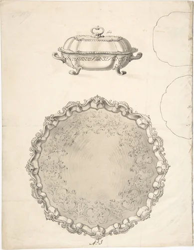 Designs for Two Silver Serving Dishes and Trays by anonymous, drawing, 1800-1900