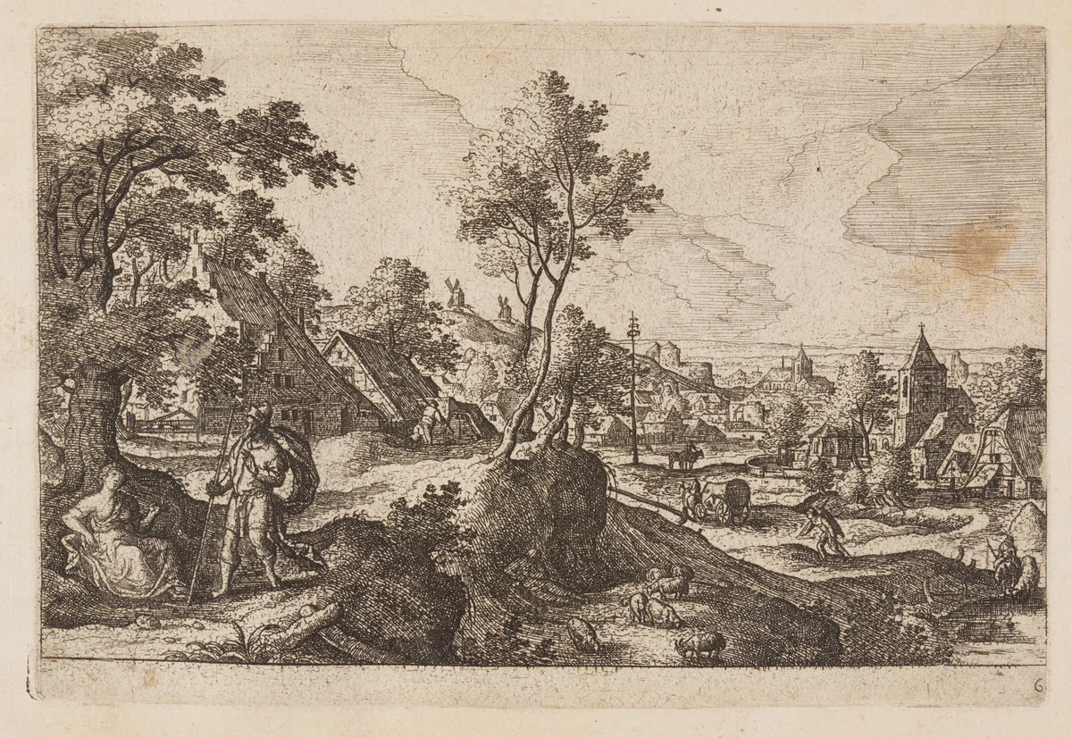 Plate 6, from Landscapes with Scenes from the Old and New Testament and Ovid’s Metamorphoses by Hans Bol, print, 1574