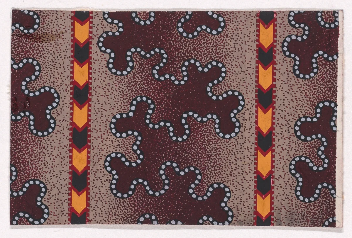 Textile Design with Alternating Quatrefoils Bordered with Pearls and Framed by Interlacing Ribbons by anonymous, drawing, 1840