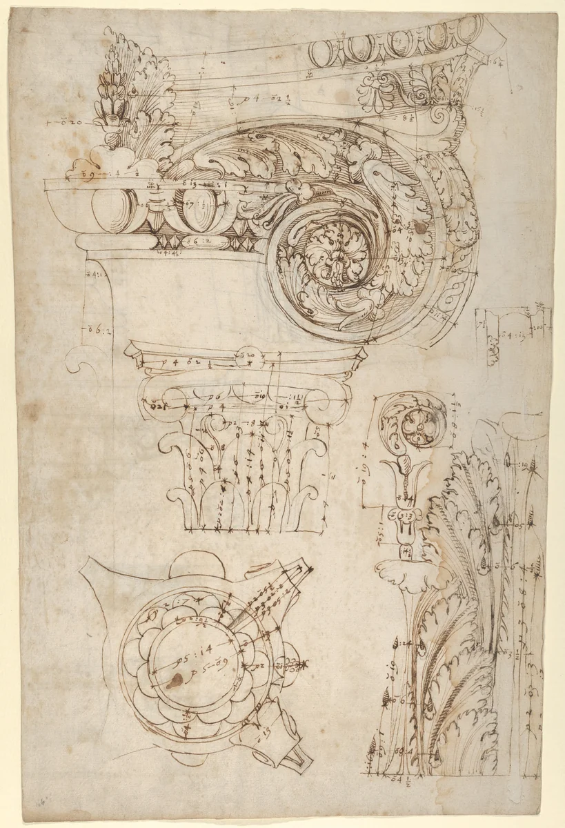 Composite capital, plan, elevation, and details; frieze, detail (recto) Forum of Nerva, entablature and attic, profiles; portico, perspective, and cornice, profile (verso) by anonymous, drawing, 1500-1560