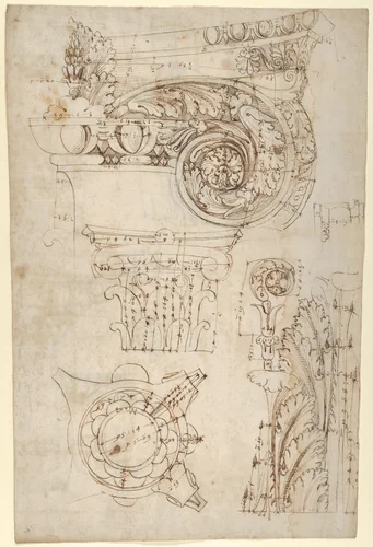 Composite capital, plan, elevation, and details; frieze, detail (recto) Forum of Nerva, entablature and attic, profiles; portico, perspective, and cornice, profile (verso) by anonymous, drawing, 1500-1560