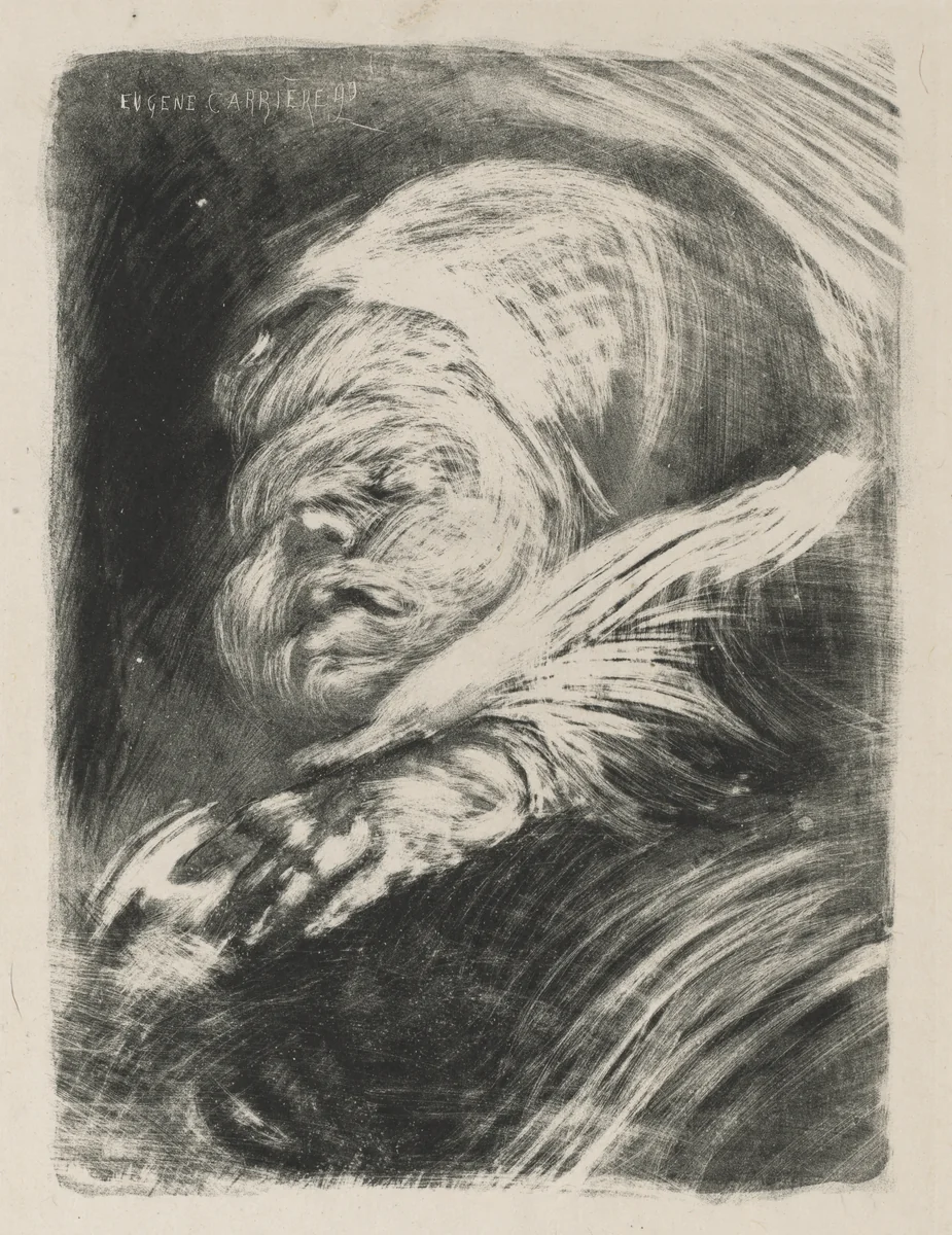 Newborn in a Bonnet (Le nouveau-né au bonnet] by Eugène Carrière, print, 1890