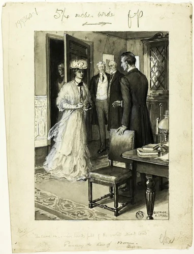 She Came In...Her Hands Full of the Violets Stuart Loved by Gertrude Steel, drawing, 1800-1899