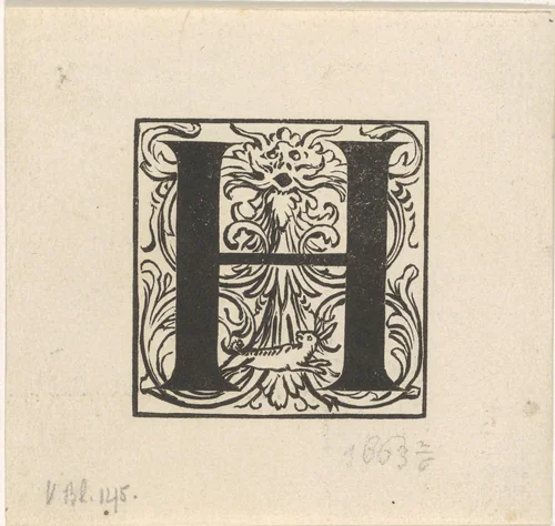 Letter H in een omlijsting met de kop van een monster en een haas by Dirck de Bray, print, 1635-1694