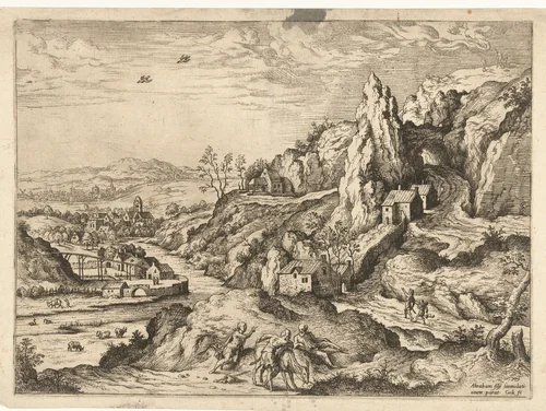 Abraham en Isaak op weg naar de offerplaats by Unknown, print, 1551-1558