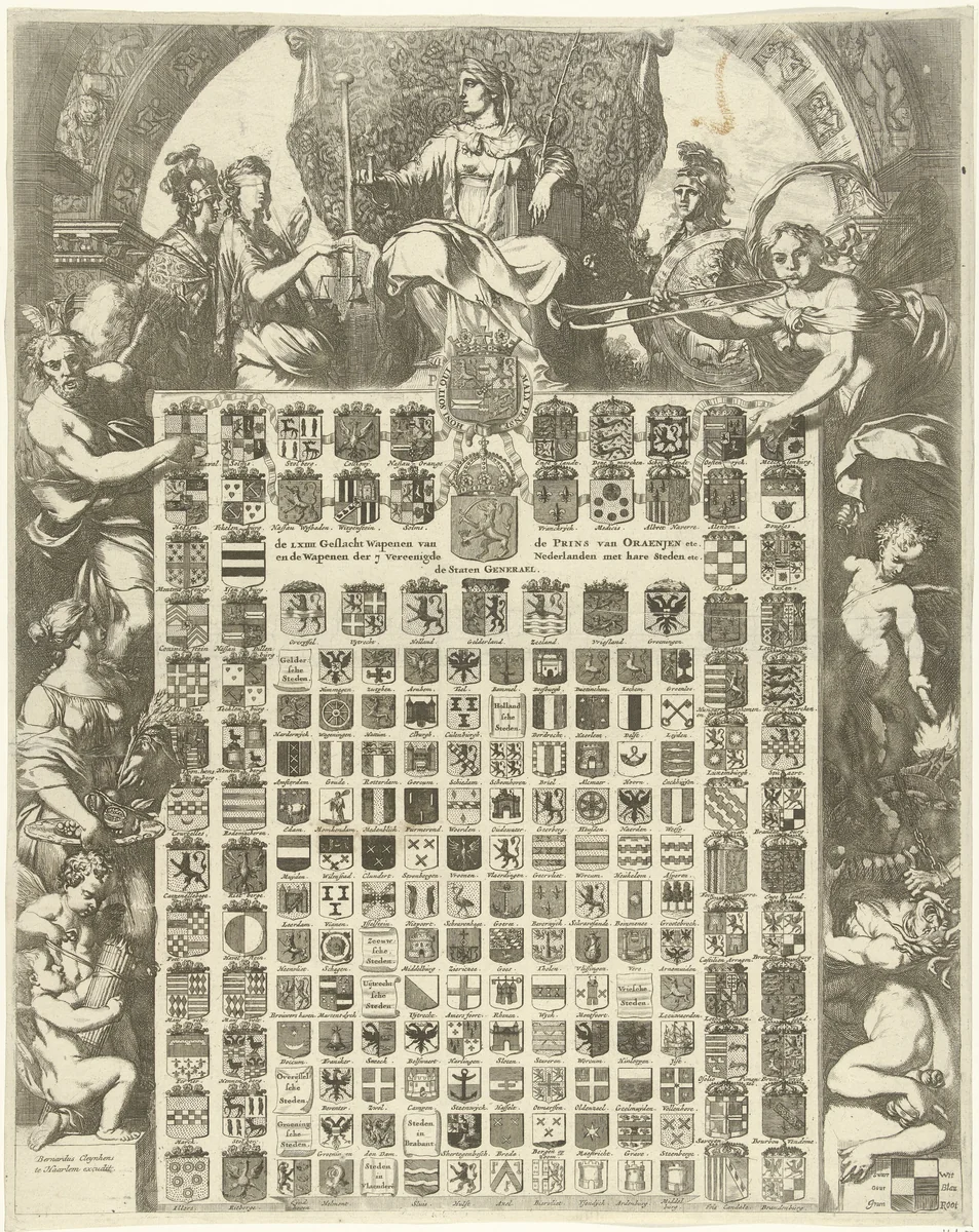 Geslachtswapens van prins Willem III in een allegorische omlijsting by Gerard de Lairesse, print, 1672