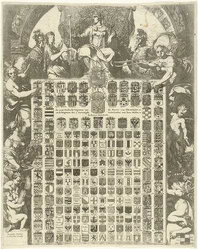 Geslachtswapens van prins Willem III in een allegorische omlijsting by Gerard de Lairesse, print, 1672