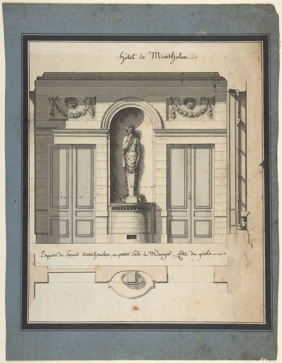 Section and Plan of the Small Dining Room of the Hôtel de Montholon by Jean Jacques Lequeu, drawing, 1785-1786