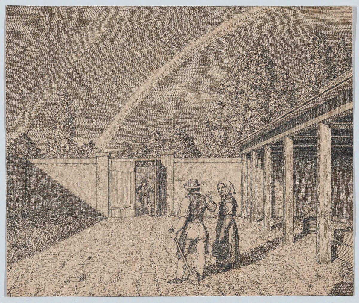 A couple conversing in a stable yard, with a double rainbow overhead, from 'Linear Perspective, Applied to the Art of Painting' by Christoffer Wilhelm Eckersberg, print, 1841