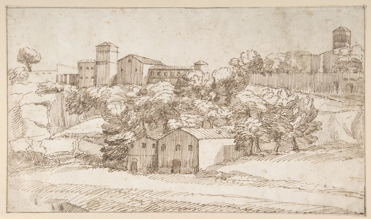 Landscape Study: Surburbs of Rome by Giovanni Francesco Grimaldi, drawing, 1606-1680