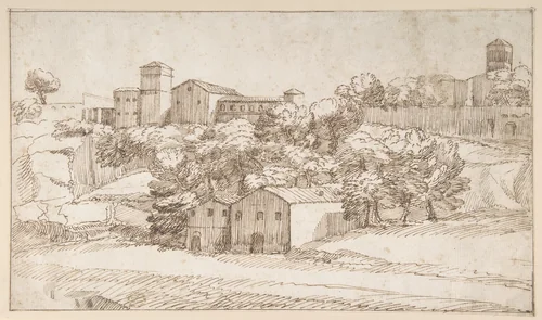 Landscape Study: Surburbs of Rome by Giovanni Francesco Grimaldi, drawing, 1606-1680