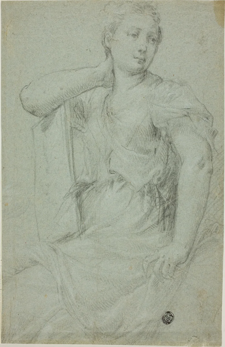 Seated Woman with Folio Resting on Her Lap by Mario Balassi, drawing, 1605-1667