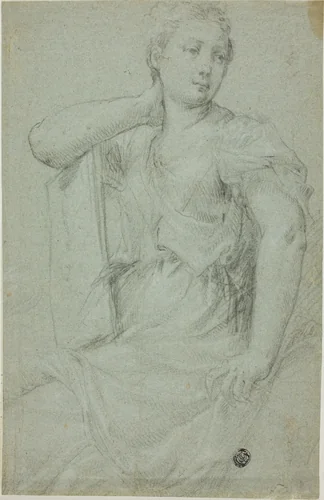 Seated Woman with Folio Resting on Her Lap by Mario Balassi, drawing, 1605-1667