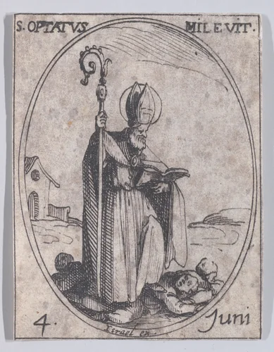 S. Optat de Milève (St. Optatus of Milevis), June 4th, from "Les Images De Tous Les Saincts et Saintes de L'Année" (Images of All of the Saints and Religious Events of the Year) by Jacques Callot, print, 1636