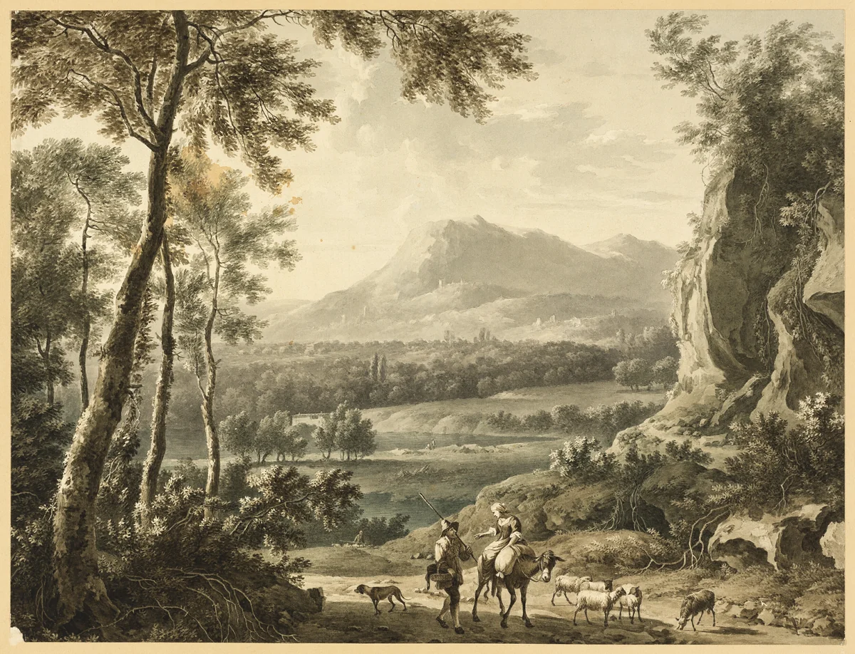 Italianate Landscape with Traveling Peasants in Foreground by Frederick de Moucheron, painting, 1700-1799