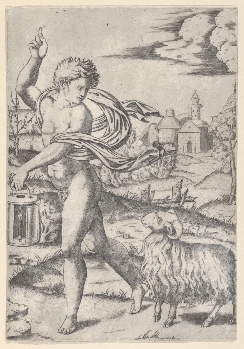 A naked young man walking left, carrying a lantern and looking backwards over his shoulder at a ram by Marcantonio Raimondi, print, 1505-1515