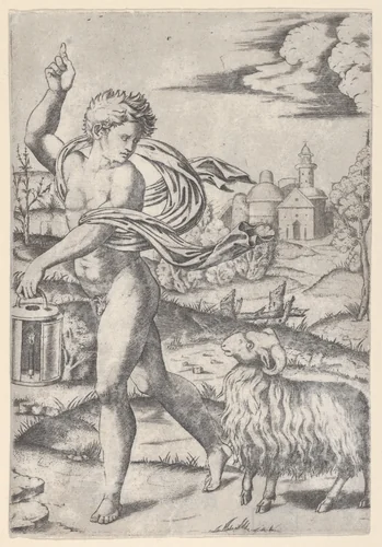A naked young man walking left, carrying a lantern and looking backwards over his shoulder at a ram by Marcantonio Raimondi, print, 1505-1515