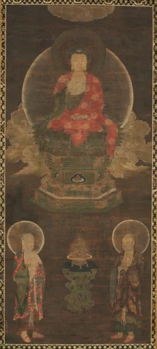Shakyamuni Triad: Buddha Attended by Manjushri and Samantabhadra (Buddha) by Unknown, painting, 1350-1368