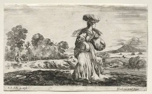 Various Figures and Landscapes: Peasant Woman Carrying a Basket on her Head by Stefano della Bella, print, 1649
