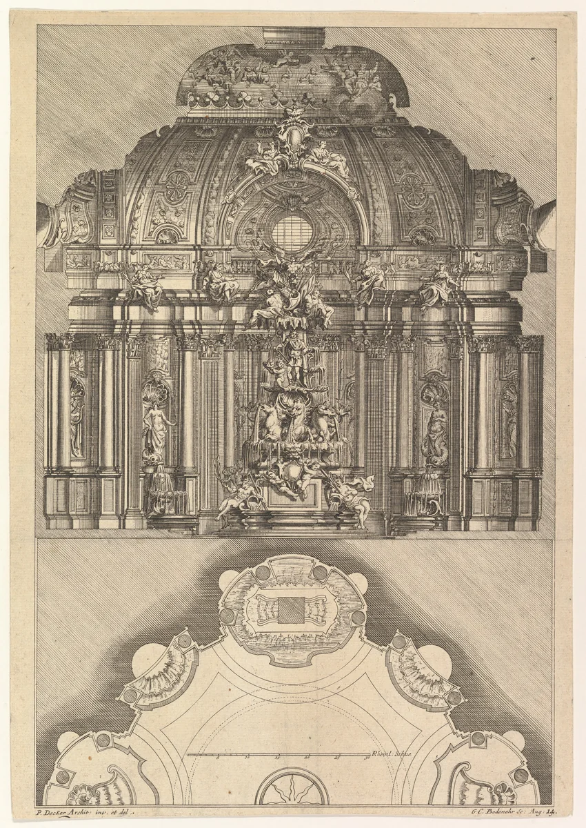 Cross-section and Floorplan of an Indoor Grotto by Gabriel Bodenehr, print, 1715-1800
