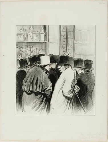"The thermometer of the engineer Chevalier was right... at 10 degrees the large rivers as well as the noses have cought a cold... just imagine that it might take three weeks for my nose to thaw!...," plate 5 from Paris L'hiver by Honoré-Victorin Daumier, print, 1845