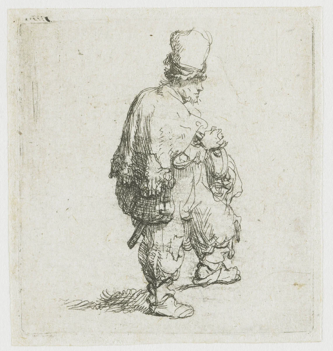 A standing hurdy-gurdy player by Rembrandt van Rijn, print, 1631