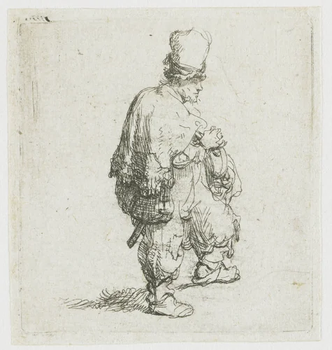 A standing hurdy-gurdy player by Rembrandt van Rijn, print, 1631