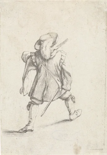 Staande soldaat naar rechts, op de rug gezien by Dirk Maas, print, 1708-1717