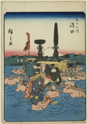 Shimada, from the series "Fifty-three Stations [of the Tokaido] (Gojusan tsugi)," also known as the Figure Tokaido (Jinbutsu Tokaido) by Utagawa Hiroshige (歌川広重), print, 1852