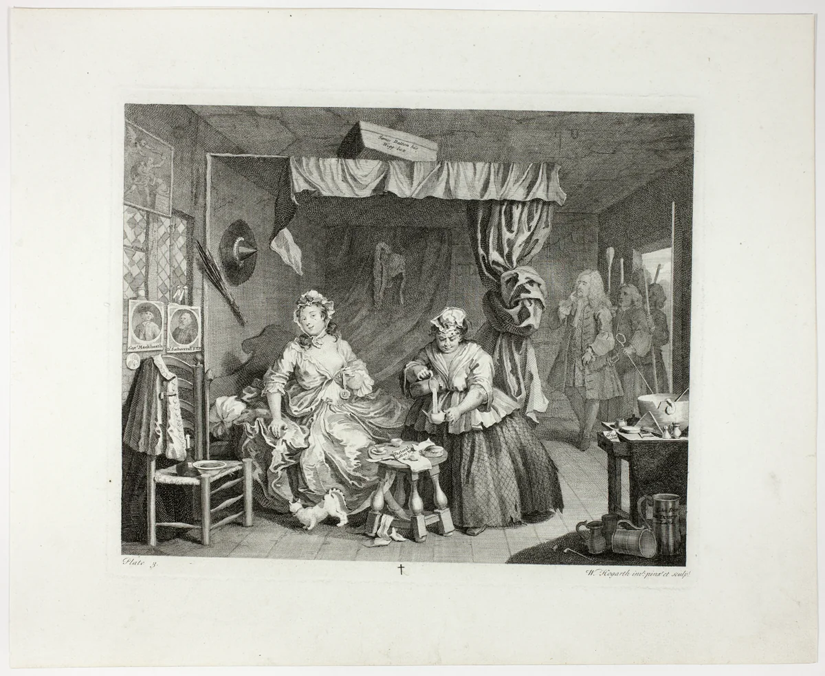 Plate three, from A Harlot's Progress by William Hogarth, print, 1732