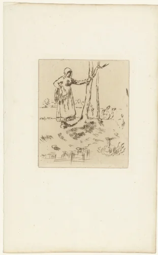 Vrouw hoedt ganzen by Jean-François Millet, print, 1825-1875