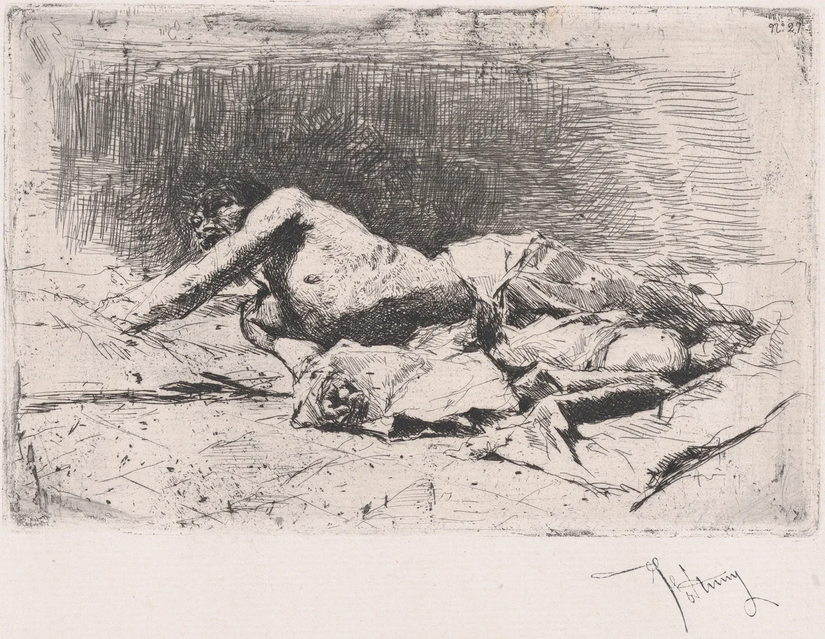 A partly naked man on the ground, right arm outstretched by Mariano Fortuny, print, 1860-1870
