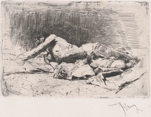 A partly naked man on the ground, right arm outstretched by Mariano Fortuny, print, 1860-1870