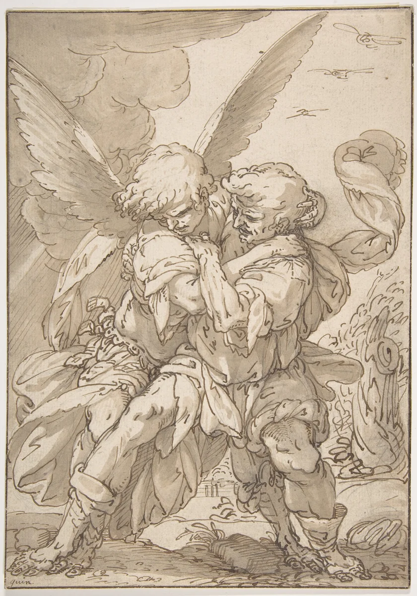 Jacob Wrestling with the Angel by Giulio Benso, drawing, 1601-1668