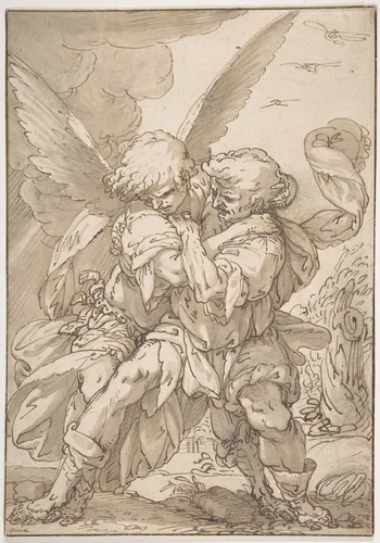 Jacob Wrestling with the Angel by Giulio Benso, drawing, 1601-1668
