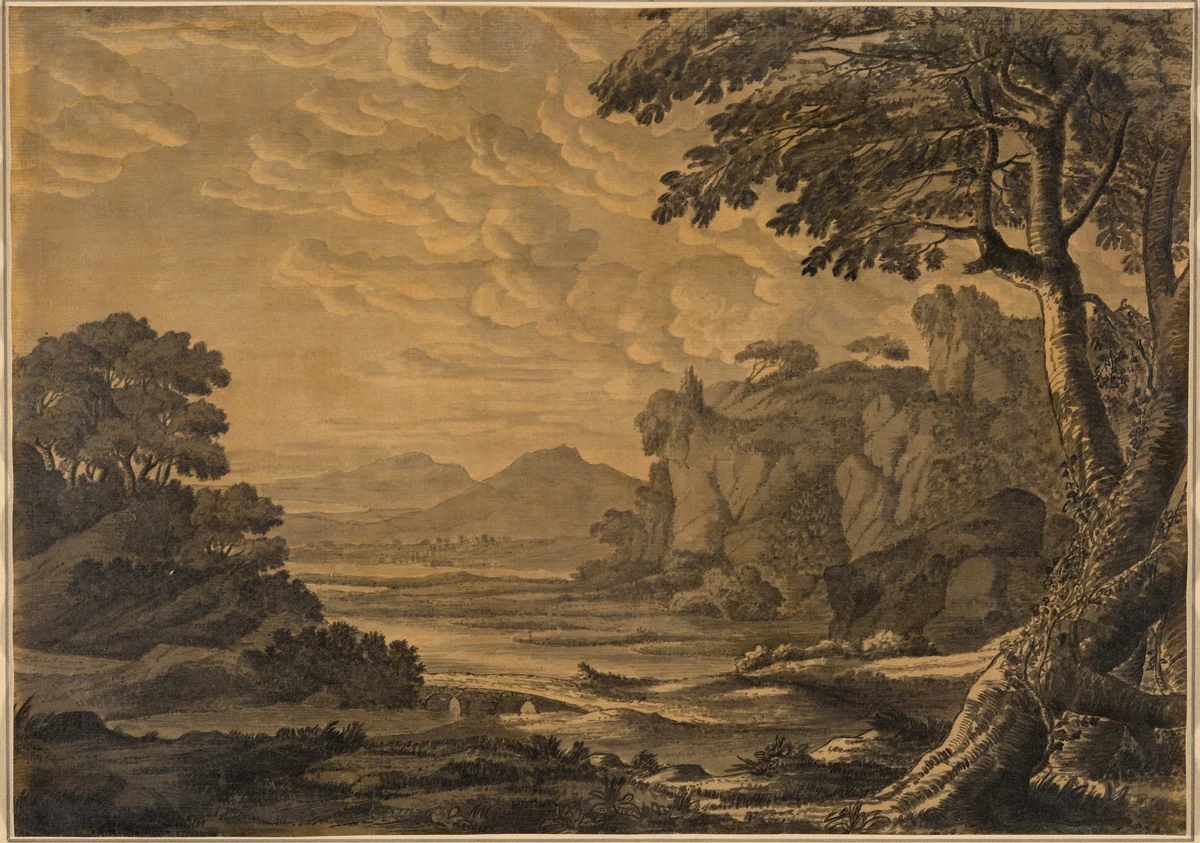 An Extensive River Landscape by Alexander Cozens, drawing, 1717-1786