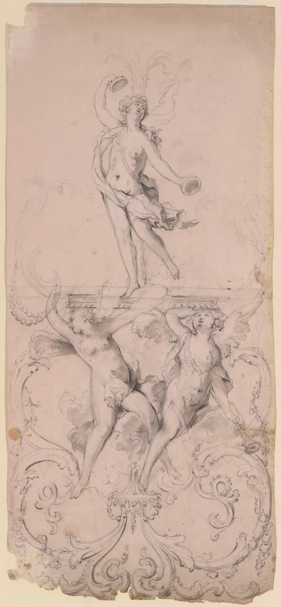 Ornament Design with Three Nymphs by anonymous, drawing, 1800-1900